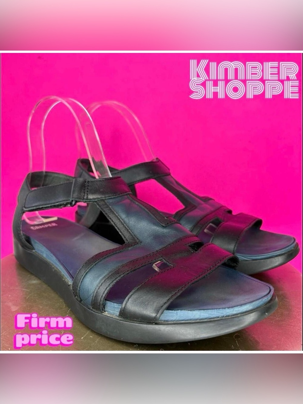Camper Miri T-Strap Black Blue Leather Sandal EU 40 US 10 UK 7